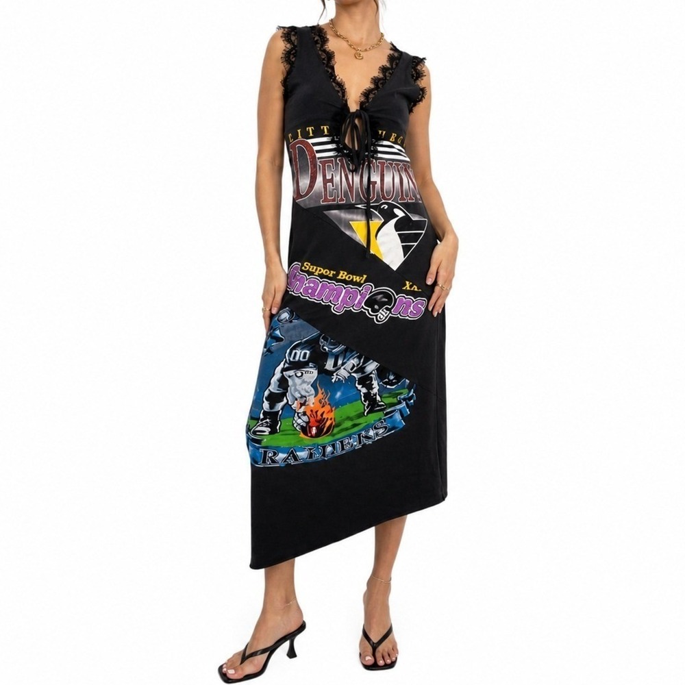 ENVME Maxi Dress Womens Champions M Black Graphic Lace Trim Penguins Raiders